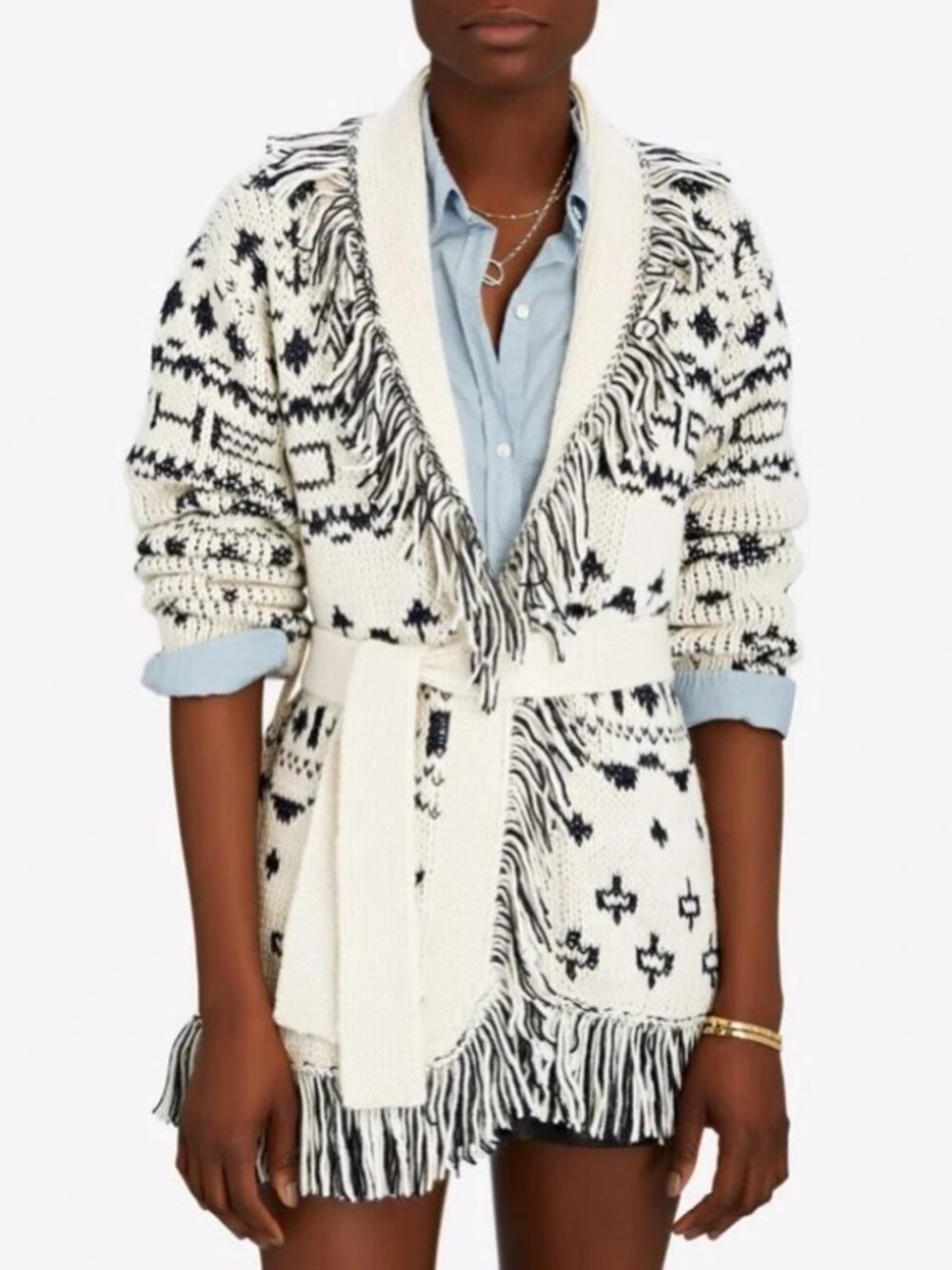 NWOT MOTHER Alpaca Blend Belted Fringe Wrap Knit Cardigan Sweater - XS